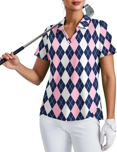 Miniatura 12 de PINSPARK Camiseta de golf para mujer, de manga corta, con protección UPF 50+, camiseta de tenis, cuello en V, para entrenamiento, ropa deportiva