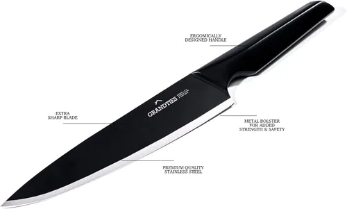 Miniatura 3 de GRANDTIES Juego de cuchillos de cocina negros antiadherentes de 7 piezas con bloque de madera y afilador, acero inoxidable alemán de alto carbono