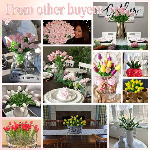 Miniatura 6 de 30 tulipanes artificiales de poliuretano, tulipanes falsos de tacto real rosa para el día de San Valentín, primavera, Pascua, hogar, cocina
