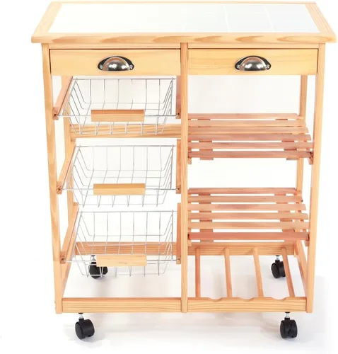 Miniatura 2 de Carrito de cocina de madera rodante de 3 niveles, carrito utilitario de almacenamiento sobre ruedas con cajones Shleves y estante para vino