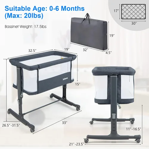 Miniatura 7 de INFANS Moisés de bebé 3 en 1, Durmiente junto a la cama para recién nacidos, Cuna plegable con colchón, Bolsa de viaje, Ruedas, Malla de 4 lados