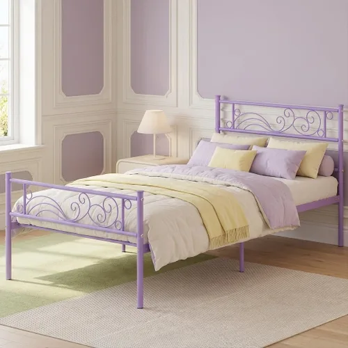 Miniatura 9 de Weehom Base de cama de metal con cabecero y estribo, no necesita somier, plataforma completa, color negro