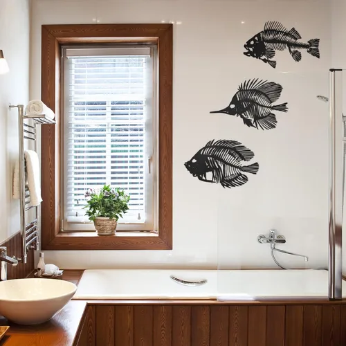 Miniatura 6 de Zhengmy 3 piezas de arte de pared de metal, escultura de pescado colgante de hueso de pescado de metal, decoración de pared rústica, estilo náutico