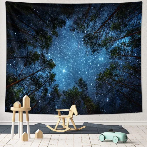 HOMKUMY Tapiz de pared estrellado, tapiz de noche estrellada de bosque con impresión 3D, tapiz de árbol de estrella, tapiz psicodélico indio para