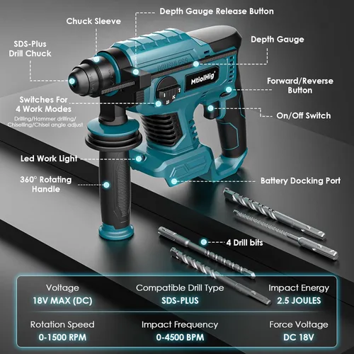 Miniatura 2 de MtiolHig taladro de martillo giratorio de 7/8" compatible con batería Makita de 18V: taladro inalámbrico SDS-Plus con embrague de seguridad