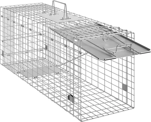 Miniatura 9 de VEVOR Trampa de jaula para animales vivos, 31 x 10 x 12 pulgadas, trampa para gatos humanitarios de hierro galvanizado, trampa plegable