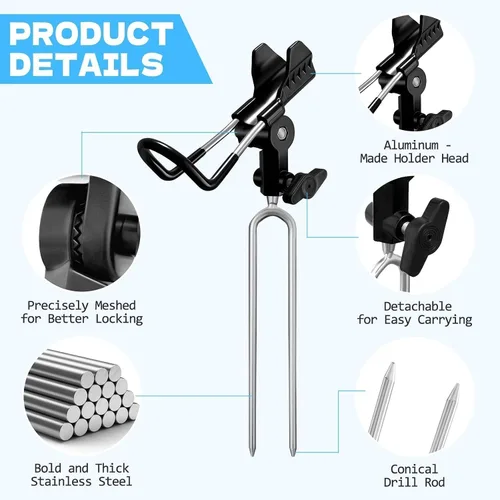 Miniatura 5 de Fishing Rod Holder for Ground, 2/4pcs Fishing Pole Holders for Ground, Bank Fishing Rod Holder with 360° Adjustable Extra Long Drill Stake Rod Stand