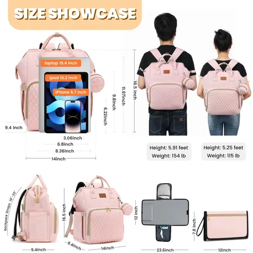 Miniatura 6 de ROSEGIN Mochila rosa para pañales para niñas - Regalos de baby shower para mamá, bolsa de pañales acolchada con cambiador, funda para chupete