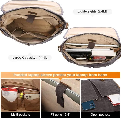 Miniatura 5 de LOVEVOOK Bolso bandolera para hombre de cuero auténtico impermeable de lona retro de 156 pulgadas para laptop para el trabajo la escuela los viajes