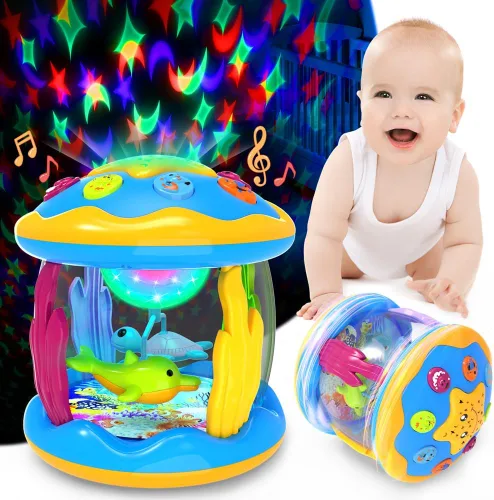 Juguetes para bebés de 6 a 12 meses - Juguetes musicales con proyector giratorio y luces, tiempo de barriga para bebés de 12 a 18 meses, juguete Azul