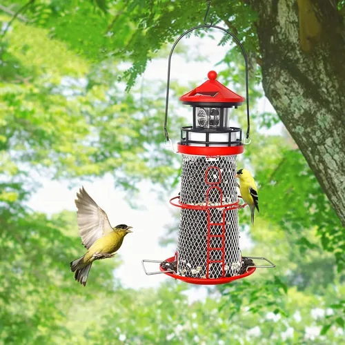 Miniatura 2 de Comedero Solar para Pájaros Faro con Baliza Giratoria - 14" Colgante Mejor Regalo de Comedero para Amantes de las Aves (Rojo Manzana).