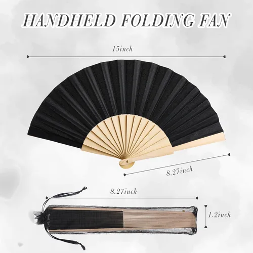 Miniatura 3 de Chuangdi Paquete de 2 abanicos de mano plegables de tela chinos de 8.27 pulgadas, ventiladores japoneses portátiles con bolsas con cordón