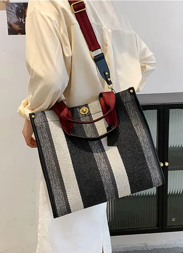 Miniatura 8 de Bolso de mano Hobo para mujer, bolso de hombro de lona, bolso cruzado elegante, bolso grande, color a rayas de contraste