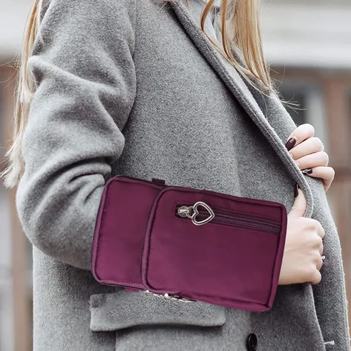 Miniatura 6 de Bolso cruzado de nailon para mujer para viaje, bolso de hombro para teléfono celular con pulsera, brazalete deportivo, cartera para teléfono Púrpura