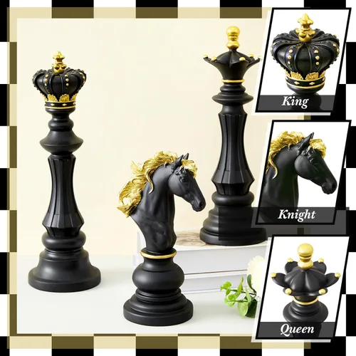Miniatura 5 de Juego de 3 piezas de decoración de estatua de ajedrez grande, rey y reina, caballero, pieza de ajedrez, escultura, adorno coleccionable