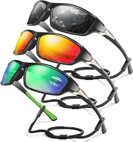 Miniatura 37 de Paquete de 3 lentes de sol deportivos polarizados para hombres, gafas de sol masculinas envolventes con protección UV para ciclismo, pesca