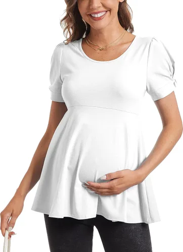 Miniatura 2 de Camisetas de maternidad para mujer, manga corta abombada, cuello redondo, ropa casual de embarazo