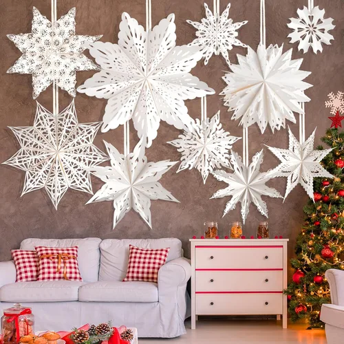 Miniatura 2 de 10 piezas de linternas de copo de nieve de papel de Navidad, grandes linternas de papel de estrella de Navidad con luces LED, adornos blancos