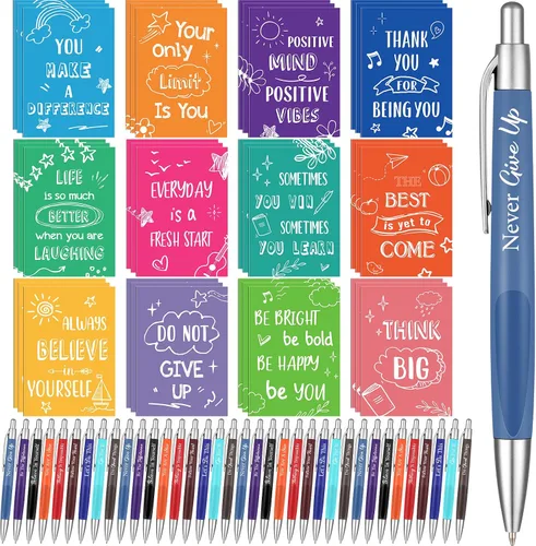 Miniatura 8 de Yeaqee Juego de 72 Piezas de Bolígrafos Motivacionales y Blocs de Notas, Bolígrafo de Punta de Bola con Citas Inspiradoras, Cuaderno Pequeño, Mini