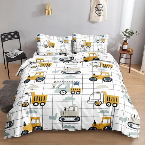 Juego de funda de edredón para niños, camión de construcción, maquinaria, camión, excavadoras, vehículos, caricatura, tractor, juego de ropa de cama