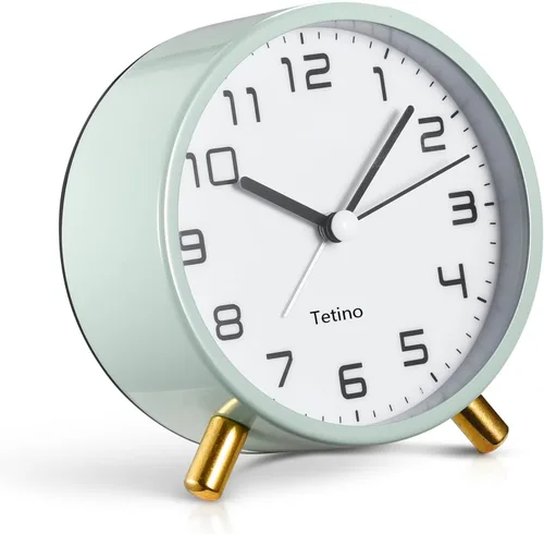 Tetino Reloj despertador analógico, retro de metal, silencioso, sin tictac, con luz nocturna, funciona con pilas, diseño simple, para dormitorios,