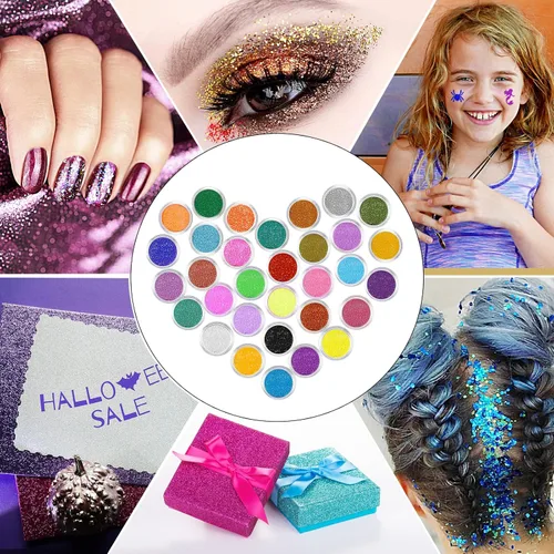Miniatura 7 de Kit de tatuajes temporales con purpurina para niños, 32 colores, 165 plantillas, 3 pegamento, 5 pinceles, 1 soplo de polvo, kit de maquillaje