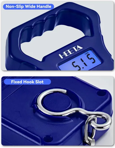 Miniatura 5 de HEETA Báscula de pescado, báscula digital portátil de pesca colgante de 110 libras / 110.2 lbs con pantalla LCD retroiluminada, báscula de equipaje