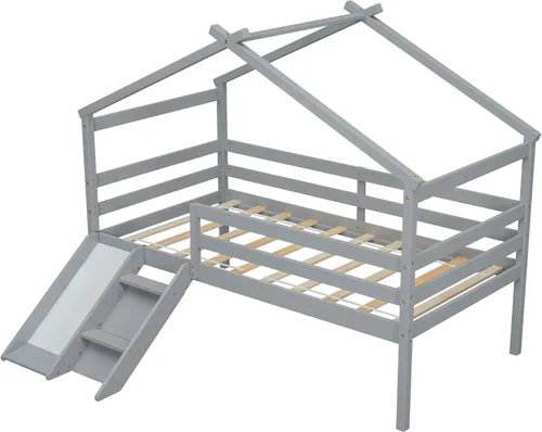Miniatura 7 de Cama baja de tamaño individual con tobogán y escalera, marco de cama con barandillas de seguridad y techo en forma de casa, para dormitorio