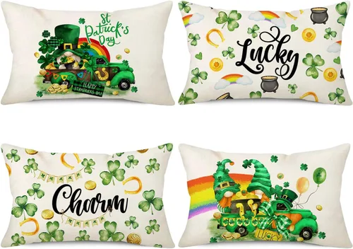 Miniatura 8 de NIGHTWISH Juego de 4 fundas de almohada del Día de San Patricio de 16 x 16 pulgadas, diseño de gnomo de camión de trébol, decoración del día de San