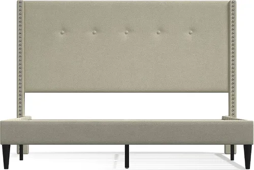 Miniatura 4 de Glenwillow Home MCM - Marco de cama con plataforma tapizada, botón con ribete de cabeza de clavo, respaldo de ala, base de colchón, no necesita Beige