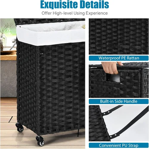 Miniatura 3 de GOFLAME Cesta de lavandería con tapa y ruedas, cesta de ratán tejida a mano de 125 litros con 3 secciones divididas, asas, 2 bolsas extraíbles