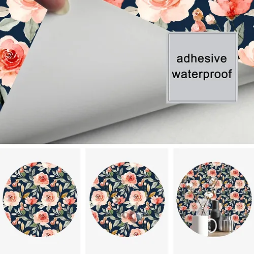 Miniatura 7 de Papel tapiz floral con fondo azul marino, autoadhesivo, extraíble, acuarela, flores, vinilo, papel de pared para estantería, encimera, decoración