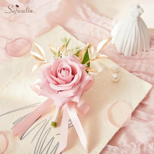 Miniatura 8 de Serwalin Conjunto de Corsage y Boutonniere Rosa, Corsage y Boutonniere de Graduación, Conjunto de Flores de Boda, Accesorios de Homecoming