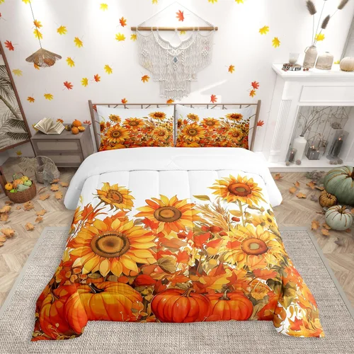 Miniatura 50 de Erosebridal Juego de edredón individual de pavo de Acción de Gracias, juego de ropa de cama de calabaza con hojas de otoño para niños y adultos