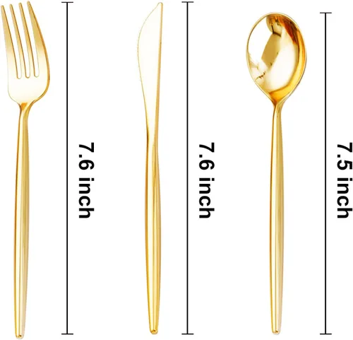 Miniatura 4 de SUT 300 cubiertos de plástico dorados, utensilios dorados desechables, el juego de cubiertos de plástico dorado incluye 100 tenedores de plástico