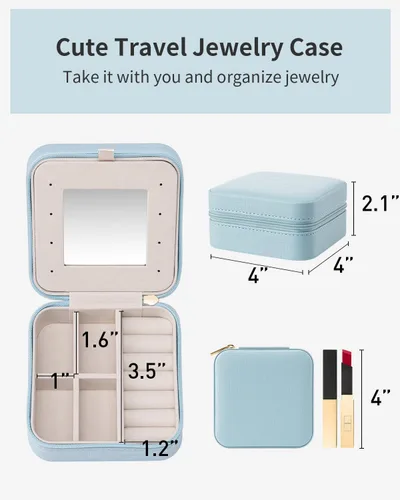 Miniatura 4 de Vlando Pequeño organizador de joyas de viaje, vitrina para niñas, mujeres, regalo anillos, aretes, collares, almacenamiento con espejo azul