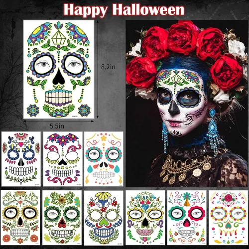 Miniatura 2 de Kit de maquillaje de tatuajes faciales del Día de los Muertos, paquete de 10 tatuajes temporales para Halloween, calavera de azúcar, rosas rojas
