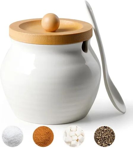 AISBUGUR Azucarero con tapa y cuchara: tarro de azúcar de 10 onzas con tapa de bambú, recipiente de cerámica para barra de café, encimera,
