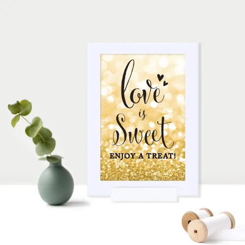 Miniatura 3 de Andaz Press Letreros enmarcados para fiesta de boda, purpurina dorada brillante, 4 x 6 pulgadas, letrero de mesa de postre Love is Sweet, Enjoy a El