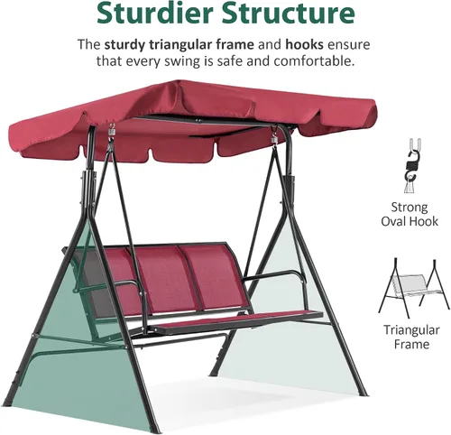 Miniatura 6 de Mcombo 4507 - Silla columpio para patio exterior, para 3 personas, con montura de acero, asientos de textilencia y toldo (color borgoña)