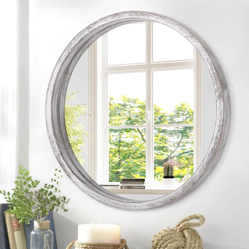 Miniatura 10 de JJUUYOU Espejo circular redondo blanco pequeño para tocador de baño, círculo de pared para marco de madera, espejos de maquillaje para entrada, sala