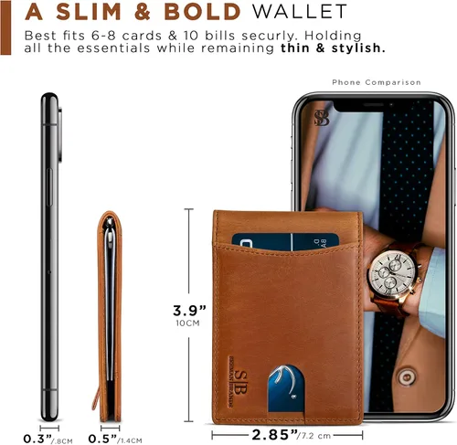 Miniatura 70 de SERMAN BRANDS - Billetera sencilla de cuero genuino con bloqueo RFID para hombre, billetera delgada con bolsillo frontal y clip para dinero