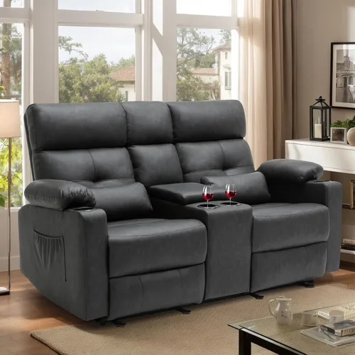 Sofá Biplaza Reclinable Eléctrico con Consola, Sofá Biplaza Reclinable Eléctrico con Calor y Masaje, Reposapiés Extendido, Sofá Biplaza Reclinable