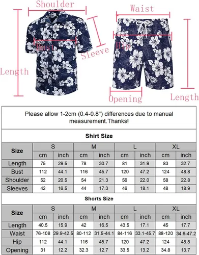 Miniatura 8 de Lavnis Conjunto de camisa hawaiana para hombre, camisa de manga corta con flores y pantalones cortos, trajes de 2 piezas