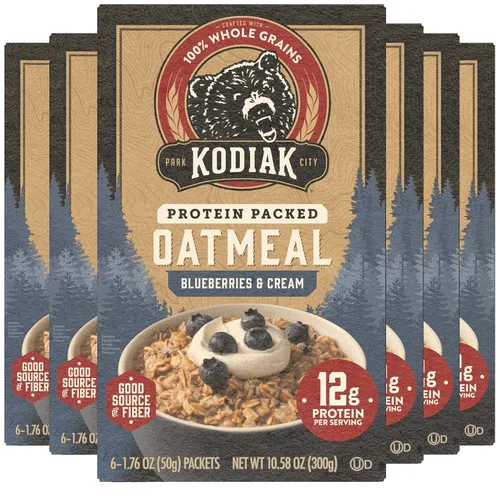 Kodiak - Paquetes de avena instantánea, arándanos y crema, alto en proteínas, 100% granos integrales, 6 cajas con 6 paquetes (36 paquetes)