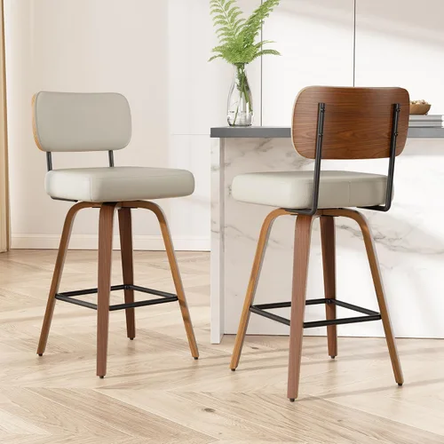 Miniatura 50 de Juego de 1 taburete de bar giratorio, taburetes de bar tapizados de 26" de altura para encimera con respaldo de nogal y patas de madera curvada