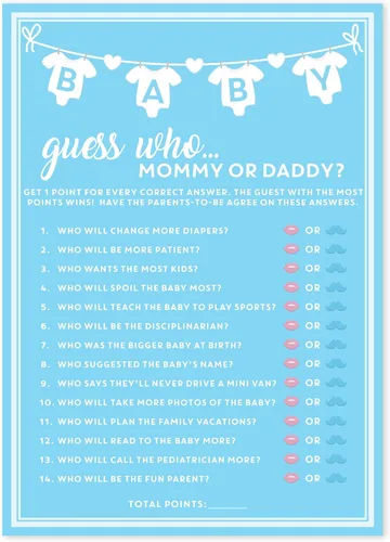 Party Hearty Juego de 30 piezas de Baby Shower para niño, mamá o papá azul Adivina quién, tarjetas de actividades divertidas, ideas Azul - Adivina