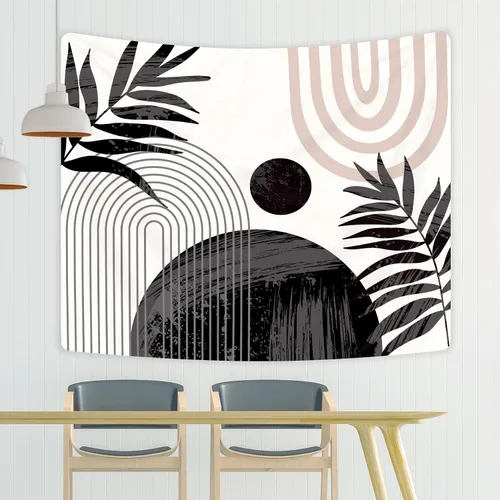 Miniatura 4 de KOMLLEX Tapiz abstracto negro bohemio de mediados de siglo, moderno, estético, minimalista, para colgar en la pared, hojas de sol, arco rosa