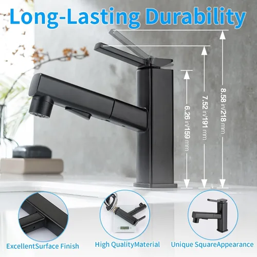 Miniatura 3 de HANLIAN Grifo de un solo agujero extraíble para lavabo de baño, grifo de lavabo negro para baño, grifo moderno de un solo mango para baño