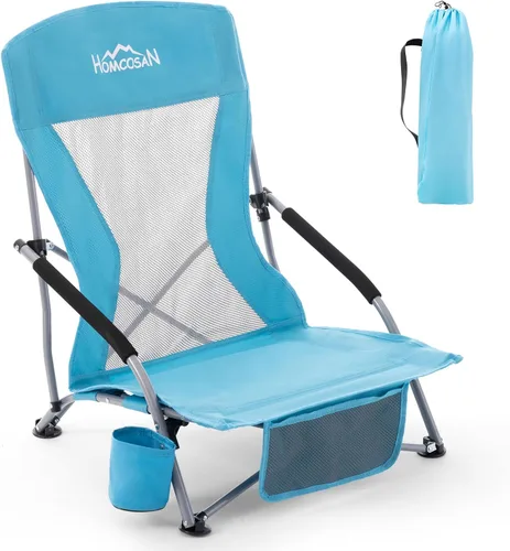 Miniatura 24 de Homcosan Silla de playa portátil baja plegable con paraguas desmontable, silla de campamento ligera para adultos con portavasos y bolsillo